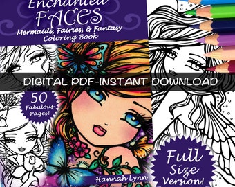 Enchanted Faces Printable Coloring Book Enchanted Faces All Ages Fantasy Mermaid Fairy Easy Simple Line Art Large Print by Hannah Lynn