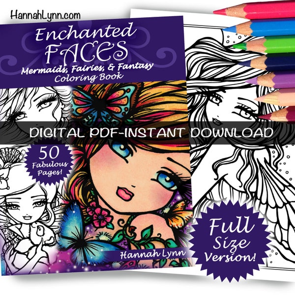 Enchanted Faces Printable Coloring Book Enchanted Faces All Ages Fantasy Mermaid Fairy Easy Simple Line Art Large Print by Hannah Lynn