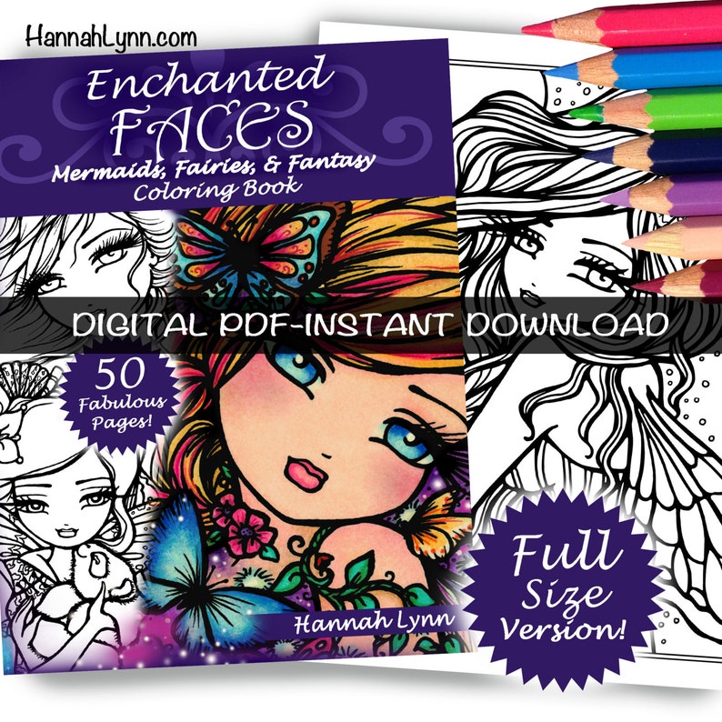 Enchanted Faces Printable Coloring Book Enchanted Faces All Ages Fantasy Mermaid Fairy Easy Simple Line Art Large Print by Hannah Lynn image 1