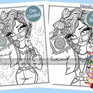 May include: A black and white colouring page set featuring a girl with a boombox. The set includes one detailed and one simple version of the image. The text "One Detailed" and "One Simple" is included in the image.