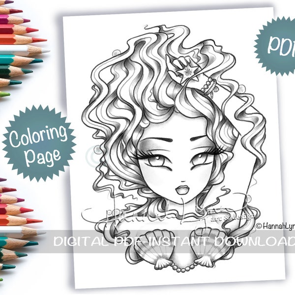 Grayscale Sweet Starfish Mermaid Coloring Page Line Art PDF Download Printable Big Eye Hand Drawn Whimsy Girls Art Hannah Lynn