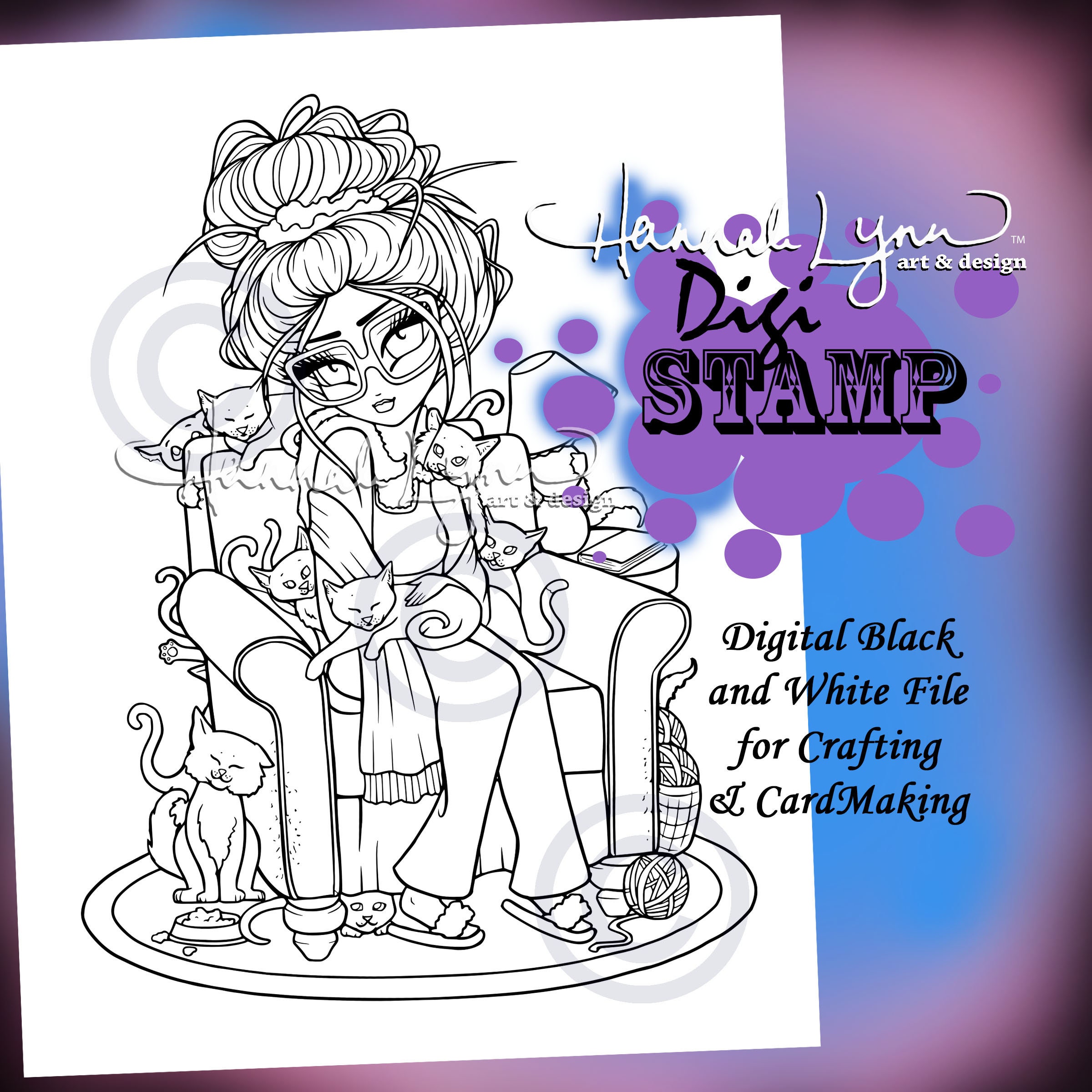 PRINTABLE Digi Stamp Crazy Cat Lady Coloring Page Fun Girl Art Etsy