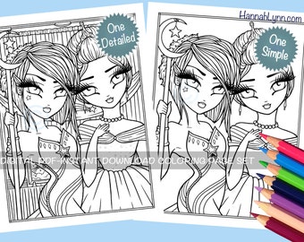 Cosplay Coloring Page Set Comic Convention Super Hero Princess Fantasy Dress Up Whimsy Girls Character Line Art Hannah Lynn