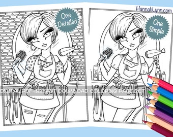 Hairdresser Coloring Page Set Salon Stylist Cosmetologist Whimsy Girls at Work Career Character Line Art PDF Download Printable Hannah Lynn