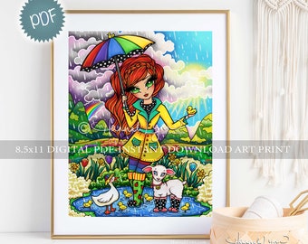 Rainy Day Duck Art Print PDF Download Printable Big Eye Whimsy Girls Animals by Hannah Lynn for Studio Nursery Kids Craft Room Bathroom