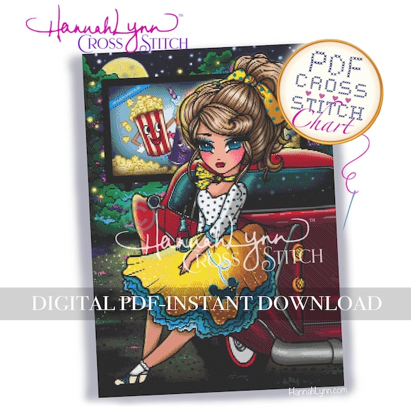 Drive-In Movie CROSS STITCH PDF Chart Download Printable Pattern Whimsy Girls Art Hannah Lynn