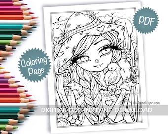 Sweet Scarecrow Halloween Cute Fall Autumn Harvest Coloring Page PDF Download Printable Hand Drawn Whimsy Girls Line Art Hannah Lynn