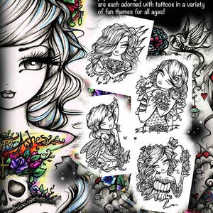 PDF DIGITAL Printable Coloring Book All Ages TATTOO Darlings Girls Mermaid Fairy Art by Hannah Lynn image 2