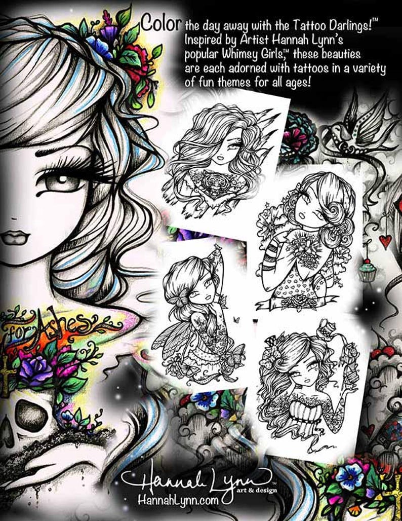 PDF DIGITAL Printable Coloring Book All Ages TATTOO Darlings Girls Mermaid Fairy Art by Hannah Lynn image 2