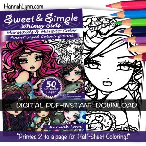 Puede incluir: Una descarga digital de un libro para colorear con chicas fantasiosas, sirenas y otras ilustraciones. La portada presenta una sirena de cabello rosado con una corona y un collar en forma de coraz&oacute;n. El libro se titula "Sweet & Simple Whimsy Girls: Mermaids & More to Color" e incluye 50 p&aacute;ginas port&aacute;tiles. El texto "Descarga digital PDF instant&aacute;nea" tambi&eacute;n est&aacute; incluido en la portada.