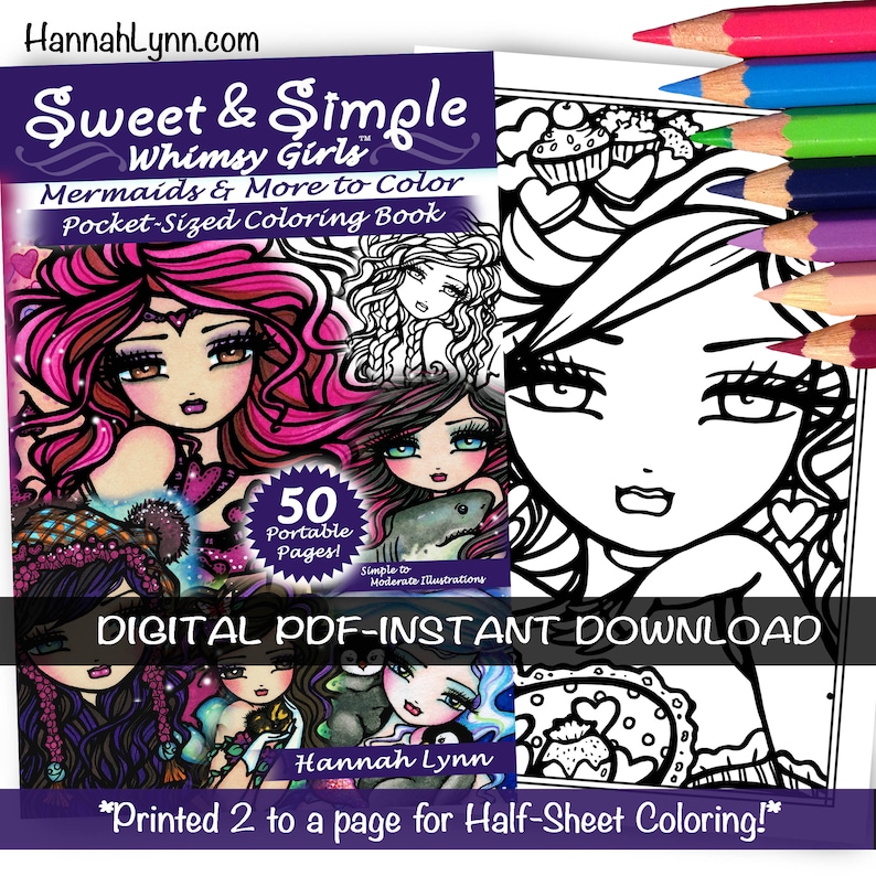 Puede incluir: Una descarga digital de un libro para colorear con chicas fantasiosas, sirenas y otras ilustraciones. La portada presenta una sirena de cabello rosado con una corona y un collar en forma de coraz&oacute;n. El libro se titula "Sweet & Simple Whimsy Girls: Mermaids & More to Color" e incluye 50 p&aacute;ginas port&aacute;tiles. El texto "Descarga digital PDF instant&aacute;nea" tambi&eacute;n est&aacute; incluido en la portada.