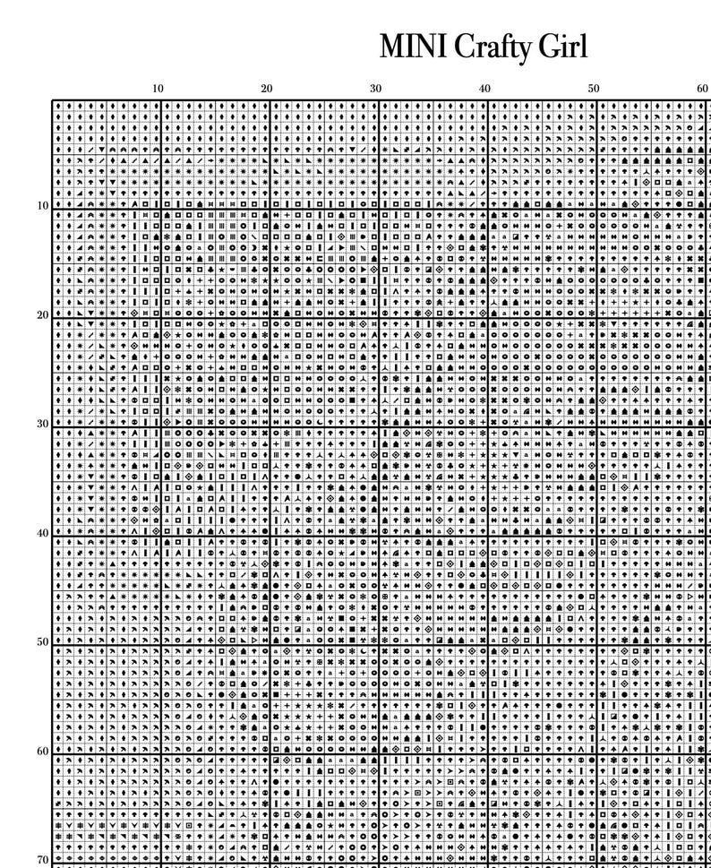 May include: A cross-stitch pattern chart with a grid of squares, each containing symbols. The text "MINI Crafty Girl" is at the top. The chart is designed for needlecraft projects.