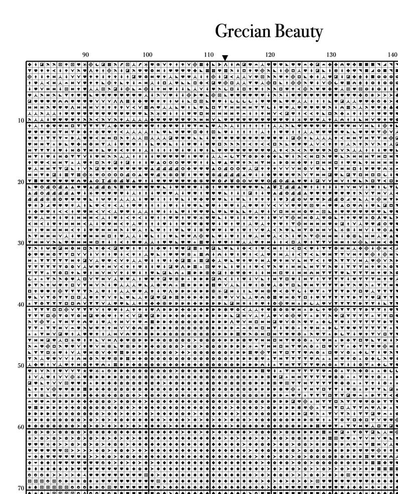 Peut inclure: Un diagramme de point de croix en noir et blanc intitul&eacute; "Grecian Beauty". Le diagramme est divis&eacute; en une grille avec des rang&eacute;es et des colonnes num&eacute;rot&eacute;es. Divers symboles remplissent la grille, indiquant les points n&eacute;cessaires pour le motif. Le titre est en haut.