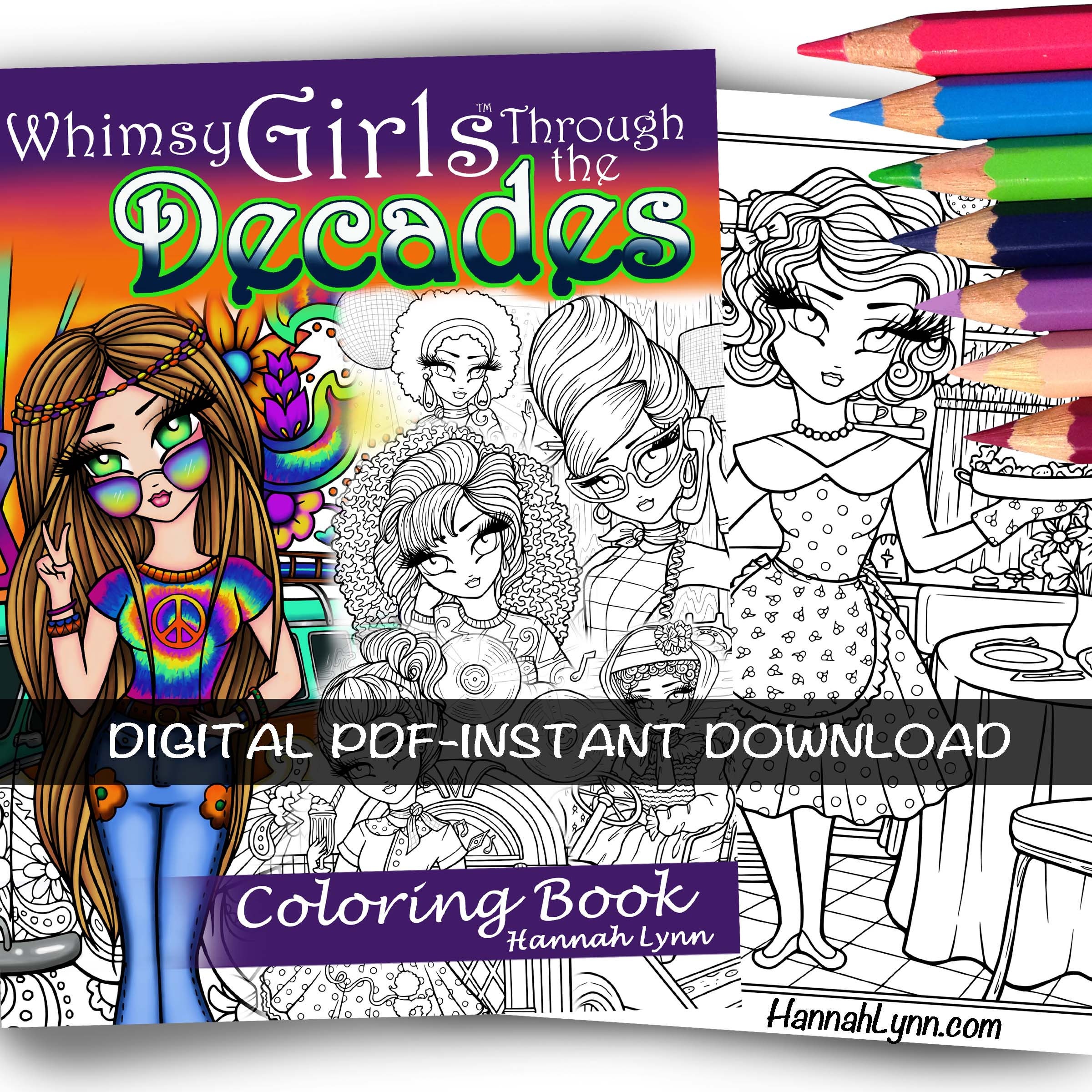 Disco Diana GoGo Boots Coloring Page Set Cute 70's Big Eye Whimsy Girls  Historical Character Line Art PDF Download Printable Hannah Lynn