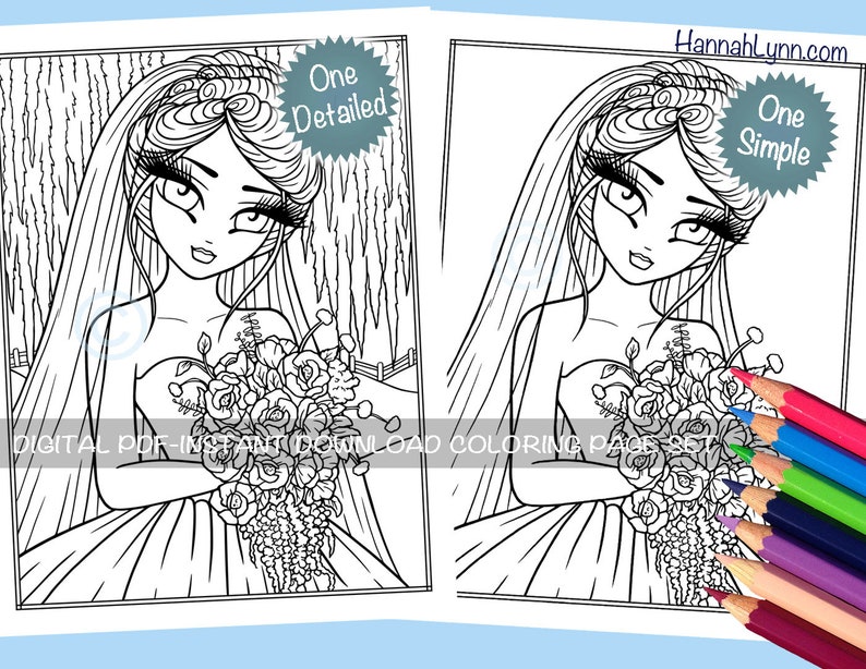 May include: Two black and white line drawings of a bride with a bouquet of flowers. The bride on the left has more detail in her hair and dress. The bride on the right has a simpler design. The text "One Detailed" is in a circle above the bride on the left. The text "One Simple" is in a circle above the bride on the right.