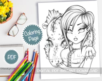 Grayscale Dragon Tamer Girl Coloring Page PDF Download Printable Big Eye Hand Drawn Whimsy Girls Art Hannah Lynn