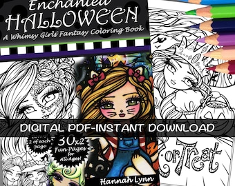 PDF DIGITAL Printable Coloring Book Enchanted Halloween Whimsy Girls All Ages Fantasy Mermaid Fairy Art by Hannah Lynn