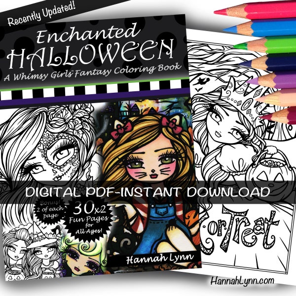 PDF DIGITAL Printable Coloring Book Enchanted Halloween Whimsy Girls All Ages Fantasy Mermaid Fairy Art by Hannah Lynn