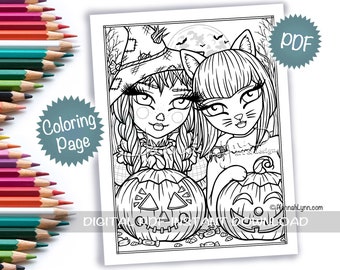 Halloween Fun Trick or Treating Candy Scarecrow Cat Coloring Page PDF Download Printable Hand Drawn Whimsy Girls Line Art Hannah Lynn