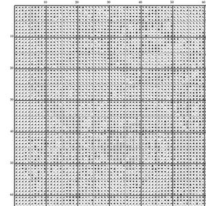 K&ouml;nnte beinhalten: Eine schwarz-wei&szlig;e Kreuzstich-Mustertabelle mit dem Titel "MINI Down the Rabbit Hole". Die Tabelle ist in ein Raster mit nummerierten Achsen unterteilt, das mit verschiedenen Symbolen f&uuml;r die Handarbeit gef&uuml;llt ist. Das Design ist aufwendig und detailliert, geeignet f&uuml;r ein Kreuzstichprojekt.