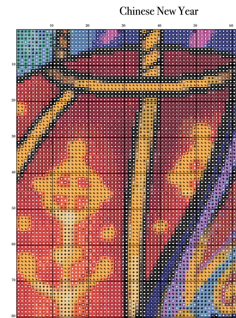 K&ouml;nnte beinhalten: Ein Kreuzstichmuster mit dem Text "Chinese New Year" oben. Das Design zeigt ein farbenfrohes, geometrisches Muster mit roten, orangen, gelben, blauen und violetten Farbt&ouml;nen. Das Muster besteht aus kleinen Quadraten.