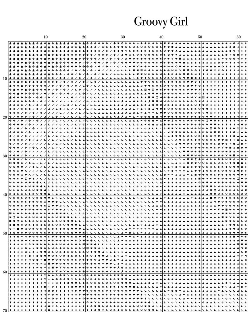 May include: A cross-stitch pattern chart featuring the text "Groovy Girl". The grid is filled with black and white symbols like squares, triangles, and hearts. The chart is designed for needlecraft.