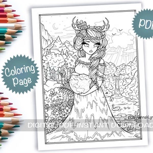 Mother Earth Nature Coloring Page Cute Whimsy Girls Mythical Maidens Fantasy Character Line Art PDF Download Printable Hannah Lynn image 1