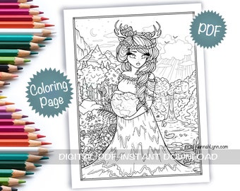 Mother Earth Nature Coloring Page Cute Whimsy Girls Mythical Maidens Fantasy Character Line Art PDF Download Printable Hannah Lynn