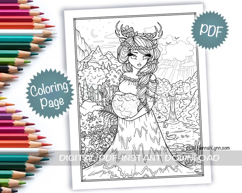 Mother Earth Nature Coloring Page Cute Whimsy Girls Mythical Maidens Fantasy Character Line Art PDF Download Printable Hannah Lynn image 1