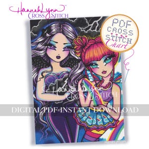 以下が含まれることがあります： Hannah LynnによるデジタルPDFクロスステッチチャート。2人のキャラクターが描かれています。一人は長い紫の髪と暗い翼を持ち、嵐の空を背景にしています。もう一人はピンクの髪をお団子にし、虹のスカートを履いて虹を持っています。テキストは「PDF CROSS STITCH Chart」と書かれています。