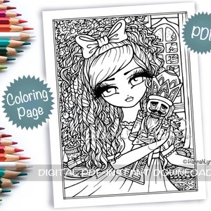 Página para colorir de menina de Natal do quebra-nozes PDF Baixar balé de férias de inverno para impressão olho grande desenhado à mão caprichosa meninas arte de linha Hannah Lynn