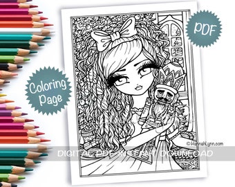 Nutcracker Christmas Girl Coloring Page PDF Download Winter Holiday Ballet Printable Big Eye Hand Drawn Whimsy Girls Line Art Hannah Lynn