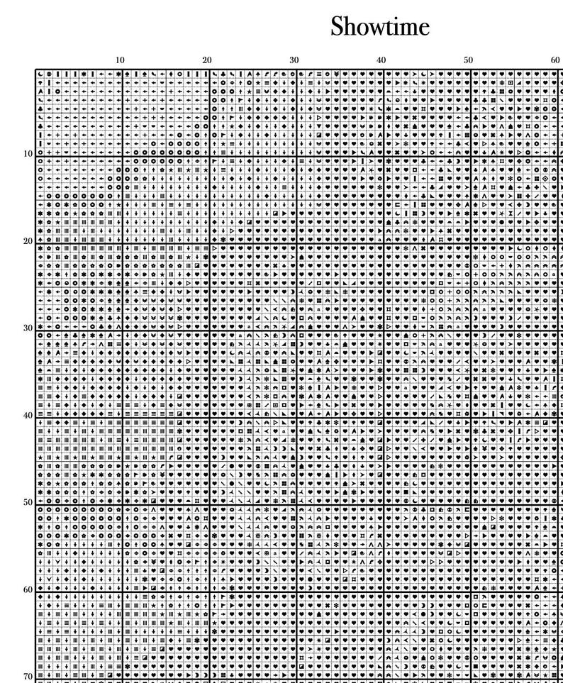 Puede incluir: Un gr&aacute;fico de patr&oacute;n de punto de cruz en blanco y negro con la palabra "Showtime" en la parte superior. El gr&aacute;fico est&aacute; dividido en una cuadr&iacute;cula con ejes numerados y varios s&iacute;mbolos, incluidos corazones, cuadrados y tri&aacute;ngulos.