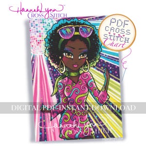 Gráfico de punto de cruz Disco Diana PDF Descargar patrón imprimible Whimsy Girls Art Hannah Lynn