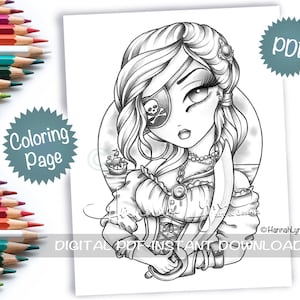 Grayscale Swashbuckling Beauty Pirate Girl Coloring Page PDF Download Printable Big Eye Hand Drawn Whimsy Girls Art Hannah Lynn