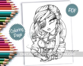 Grayscale Swashbuckling Beauty Pirate Girl Coloring Page PDF Download Printable Big Eye Hand Drawn Whimsy Girls Art Hannah Lynn