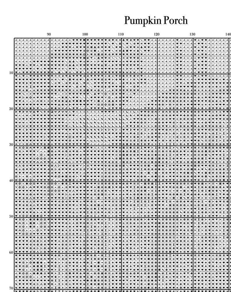 May include: A cross-stitch pattern chart titled "Pumpkin Porch." The chart is a grid of squares filled with various symbols in black and white, used to guide the stitching process. The title is at the top.