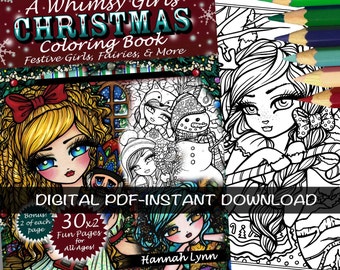 PDF DIGITAL Printable Coloring Book A Whimsy Girls Christmas All Ages Fantasy Mermaid Fairy Art by Hannah Lynn