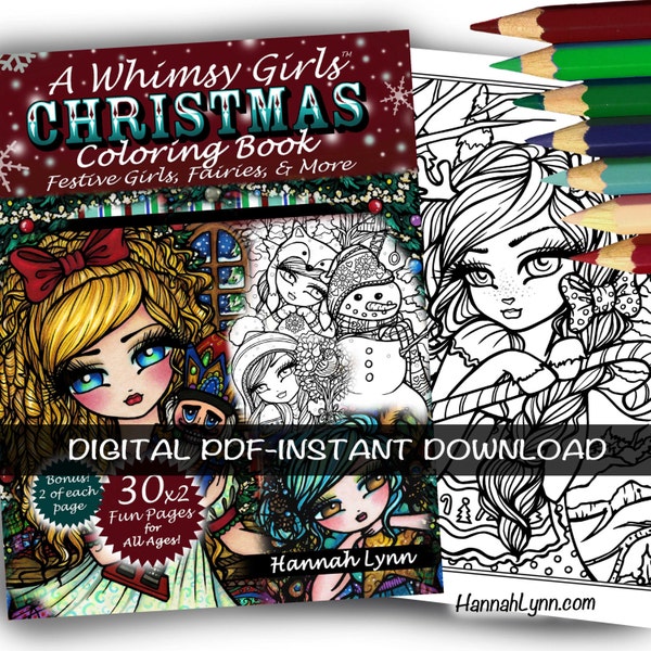 PDF DIGITAL Printable Coloring Book A Whimsy Girls Christmas All Ages Fantasy Mermaid Fairy Art by Hannah Lynn