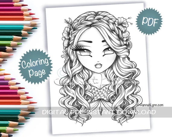 Grayscale Arabelle Mermaid Coloring Page PDF Download Printable Big Eye Hand Drawn Whimsy Girls Art Hannah Lynn