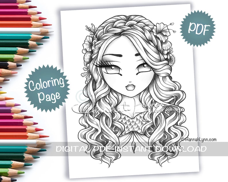 May include: Black and white line art coloring page featuring a woman with long, flowing hair, a floral crown, and a mermaid-like tail. The image is labeled "Coloring Page" and "PDF".