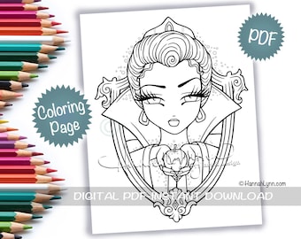 Evil Queen Pretty Poison Apple Fantasy Coloring Page PDF Download Printable Big Eye Hand Drawn Whimsy Girls Line Art Hannah Lynn