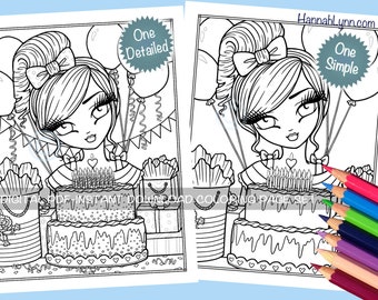 Happy Birthday Coloring Page Set Adorable Party Cake Whimsy Girls Character Line Art PDF Download Printable Hannah Lynn