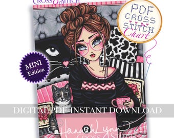 Mini Cozy Morning Coffee - Schema a punto croce in PDF da scaricare e stampare - Whimsy Girls Art Hannah Lynn