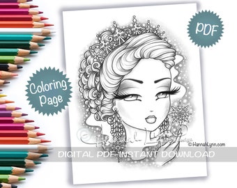 Grayscale Lady Winter Frost Snowflake Fantasy Coloring Page PDF Download Printable Big Eye Hand Drawn Whimsy Girls Art Hannah Lynn