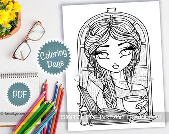 Cafe Cutie Line Art Coloring Page Coffee Girl PDF Download Printable Big Eye Hand Drawn Whimsy Girls Art Hannah Lynn