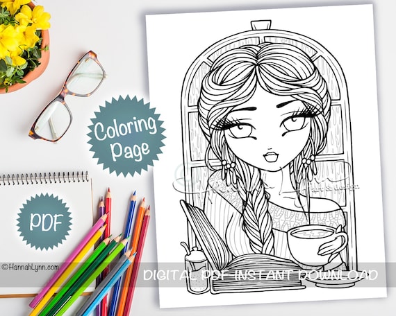 Cafe Cutie Line Art Coloring Page Coffee Girl PDF Download Printable Big Eye Hand Drawn Whimsy Girls Art Hannah Lynn