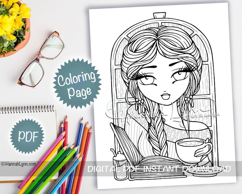 May include: Black and white coloring page featuring a woman with long hair, wearing a sweater and holding a mug. She is sitting by a window with a book and a cup of tea. The text "DIGITAL PDF INSTANT DOWNLOAD" is at the bottom of the page.