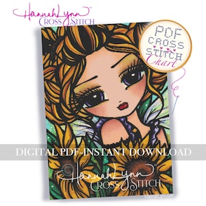 Könnte beinhalten: Ein Kreuzstichmuster mit einer stilisierten Illustration einer Frau mit großen lila Augen und goldenem Haar, umgeben von Sonnenblumen. Der Text "PDF Cross Stitch Chart" befindet sich in einem Kreis. Die Worte "Digital PDF - Instant Download" sind ebenfalls sichtbar.