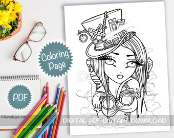 Railroad Crossing Steampunk Girl Coloring Page PDF Download Printable Big Eye Hand Drawn Whimsy Girls Line Art Hannah Lynn